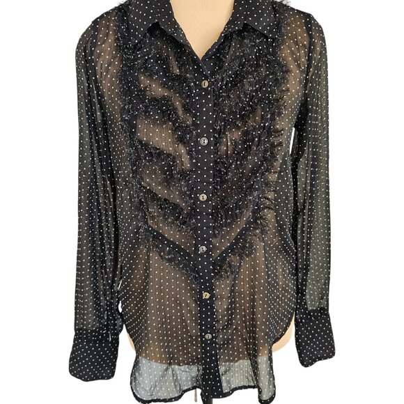 Free People Polka Dot Collared Fringe Long Sleeve Sheer Blouse Sz XS - Picture 2 of 12